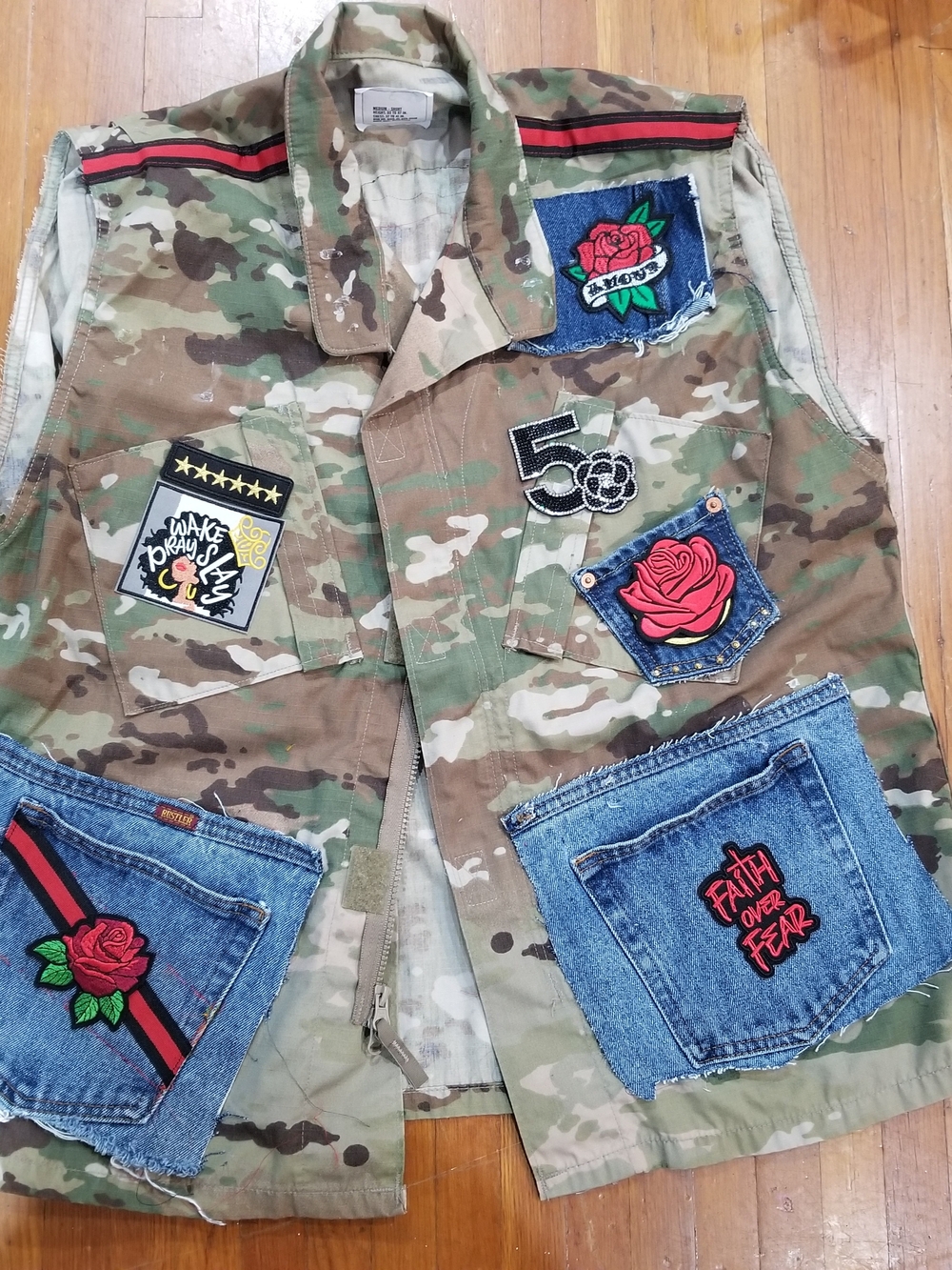 Camouflage Patchwork Denim Vest with Red Rose Detail
